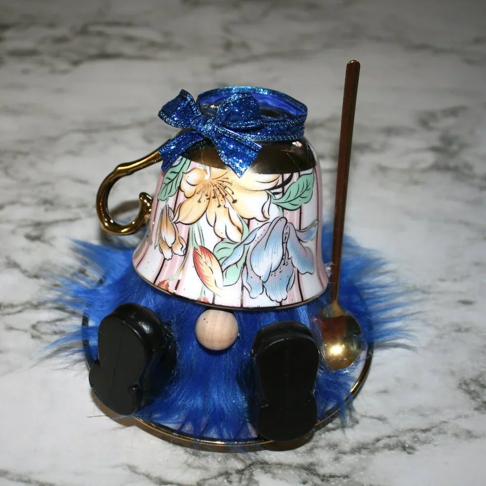 HAND CRAFTED Gnome Tea Cup and Saucer Set Floral Metallic Home Decor Blue